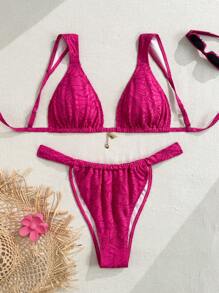 Swim Vcay 加大码女式两件套比基尼，特殊面料，性感露背，可爱设计，适合海滩、泳池、度假 - 玫紅色 - 查看 1