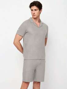 RueChic Herren Sommer Uni Polokragen Kurzarm T-Shirt und Shorts Lässig 2-teiliges Set