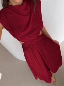 Aloruh 女士薄荷绿褶皱针织连衣裙，春夏 - 酒紅色 - 查看 6