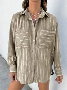White Stripe Drop Shoulder Long Sleeve Shirt - Beige - View 5