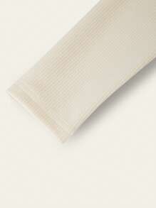 SHEIN Explorewe 女童长袖罗纹纹理T恤，蝴蝶结装饰，搭配牛仔印花裙，适合秋季休闲穿着 - 杏色 - 查看 3