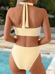 Swim Mod 2 件套女士春假条纹随机印花交叉露背上衣和拼接泳裤，夏季沙滩泳衣 - 彩色 - 查看 2