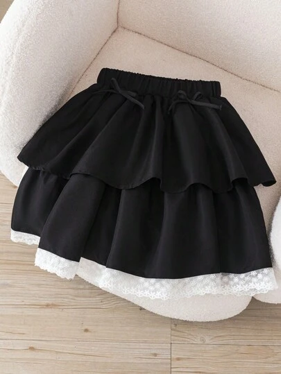 青少年女孩夏季校园风格黑白撞色荷叶边蝴蝶结装饰半身裙