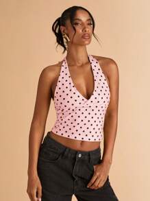 SHEIN BAE Women's Summer Casual Black Polka Dot Print Halter Neck Crop Top, Suitable For Brunch, Outings, Dates, Commute, Cruise , Ibiza Looks
