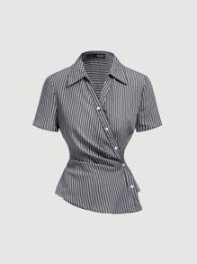 SHEIN MOD Collar Short Sleeve Ruched Asymmetrical Hem Striped Office Shirt - Black - View 1
