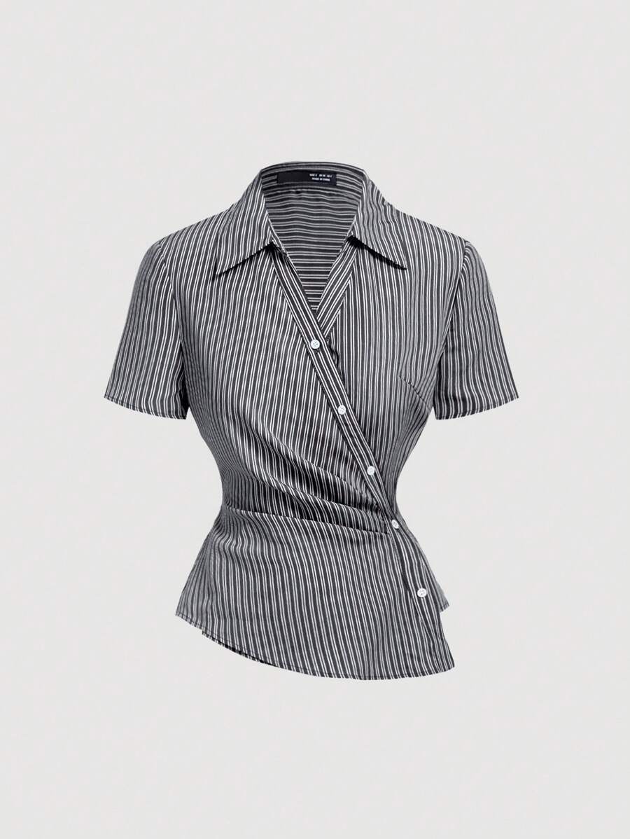 SHEIN MOD Collar Short Sleeve Ruched Asymmetrical Hem Striped Office Shirt - Black - View 1