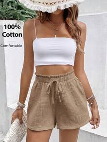 SHEIN Frenchy Women's Minimalist Solid Color Textured Tie-Waist Shorts, Summer Chic - Camel - View 5