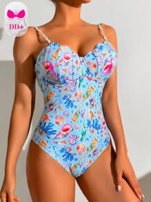 Swim DD+ 2 件套夏季海洋花卉印花珍珠肩带聚拢钢圈连体泳衣，海滩度假