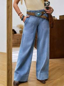 LanaWest Jeans vaqueros de pierna ancha y ajuste relajado con efecto desgastado para mujeres - Lavado ligero - Ver 7