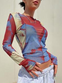 DAZY 扎染生菜边网眼上衣（无胸罩）长袖女式上衣，秋季女装 - 彩色 - 查看 6