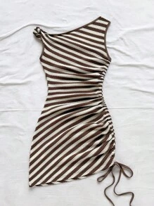 Soleia 女士度假活泼红白条纹不对称领口扭纹侧抽绳褶饰不对称迷你连衣裙，时尚休闲海滩派对 - 彩色 - 查看 2