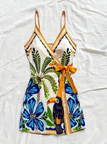 Soleia Women's Vacation Tropical Palm Tree & Leaf Spaghetti Strap Mini Wrap Dress Aloha Outfits Women Print - Multicolor - View 4