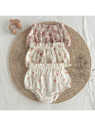 Loomiva 3件套女婴植物花卉图案松紧腰休闲短裤套装