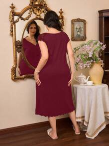 Côtesoire Romantic V-Neck Lace Patchwork Women's Casual Nightgown - Burgundy - View 2