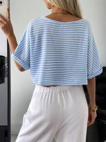 SHEIN EZwear 斯德哥尔摩风格机场女士蓝色条纹针织女短款休闲宽松T恤女夏季上衣蓝白条纹上衣夏季上衣女短款上衣 - 藍白色 - 查看 2