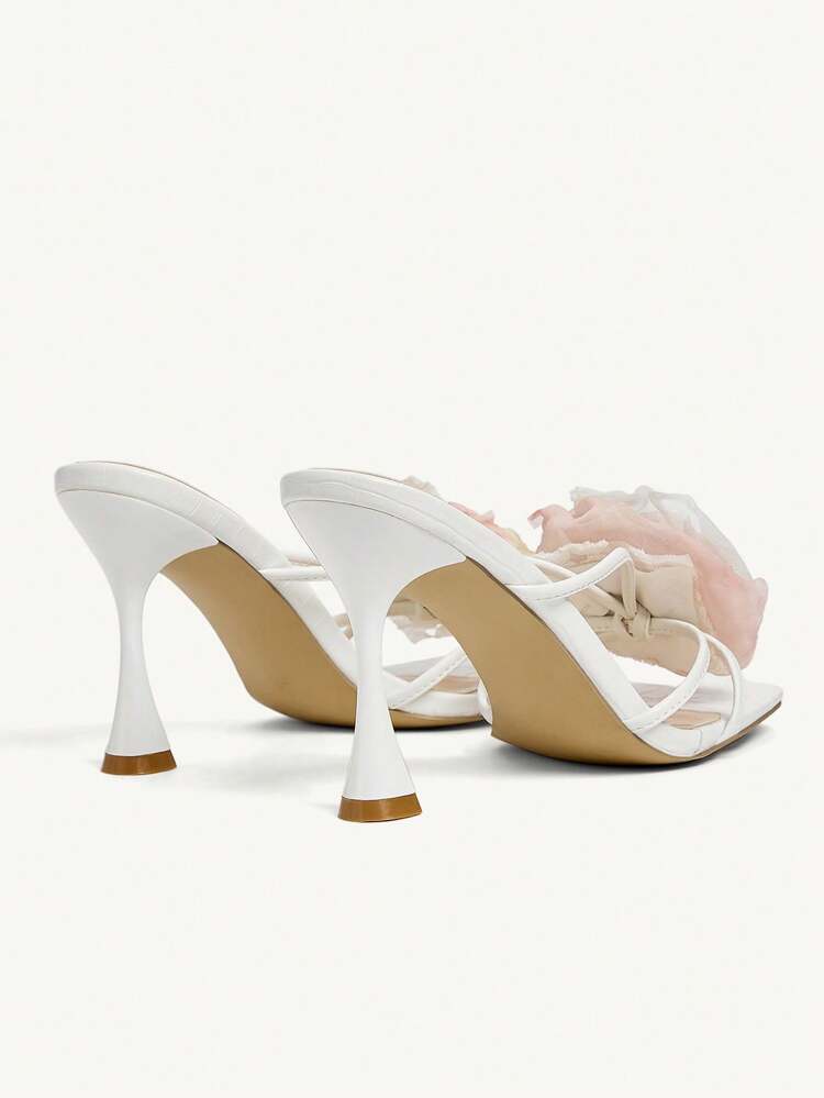 CUCCOO CHICEST Women's Floral 3D Strap Square Toe Stiletto Heels, Elegant Romantic White Faux Leather High Heel Sandals For Ladies, Ideal For Afternoon Tea, Dates, Parties, Vacations, Beach