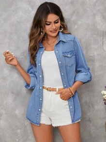 EMERY ROSE 女式单排扣卷袖宽松牛仔休闲上衣