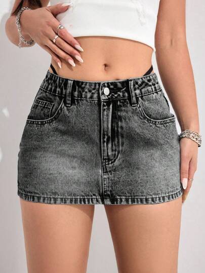 SHEIN PETITE 女士休闲口袋装饰短牛仔裙