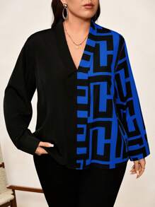 Chikora Camisa de manga larga de estilo casual de negocios para mujer con estampado geométrico de bloques de color en talla grande