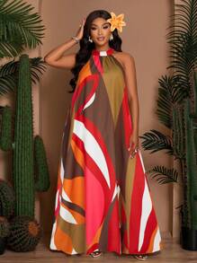 SOLERSUN Plus Size Women's Spring And Summer Loose Casual Printed Sleeveless Back Neck Tie Drawstring A-Line Dress, Summer Dress, Beach Vacation Long Dress (With Side Pockets) - Orange - View 3