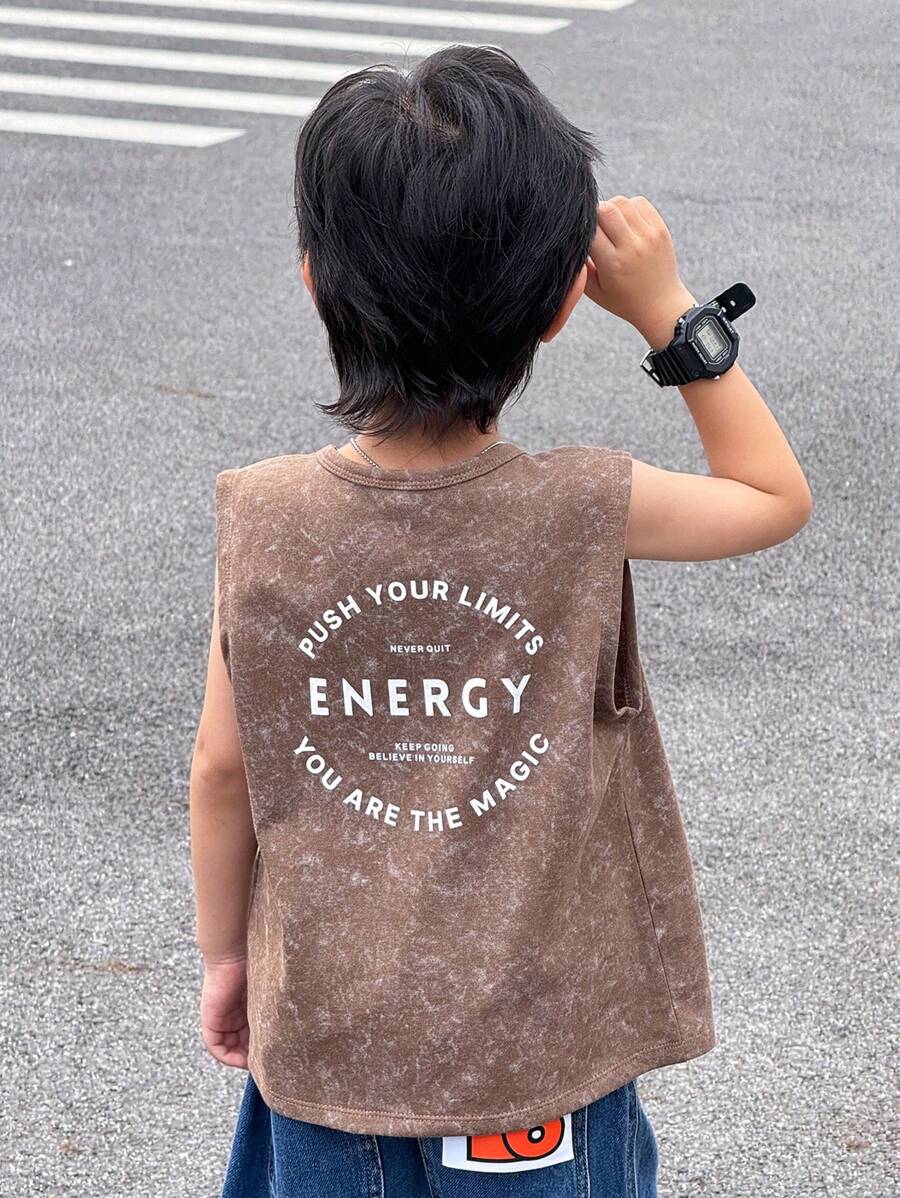 SHEIN Young Boy Letter Print Pattern Washed Loose Knit Casual Top - Brown - View 1