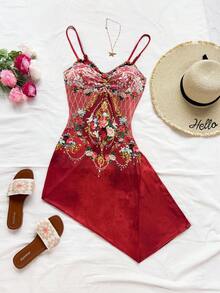 Soleia Women's Floral Print Lace Patchwork Elegant Spaghetti Strap Dress Red Summer Dress Red Floral Dress Vacation Dress Red Dress