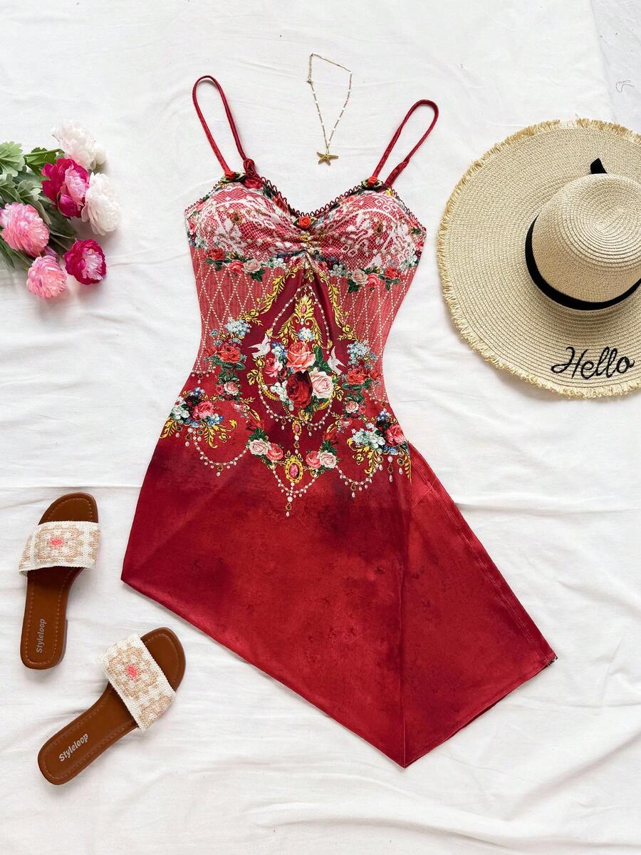 Soleia Women's Floral Print Lace Patchwork Elegant Spaghetti Strap Dress Red Summer Dress Red Floral Dress Vacation Dress Red Dress