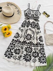 Soleia Women's Green Tropical Floral Print Mid-Calf Dress With Side Cutouts And Self-Tie Waist, Relaxed Fit A-Line Cami Dress Summer Dress Midi Women Sundress Summer Women Summer Dress - Multicolor - View 6