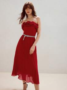 MOTF PREMIUM 纯色层叠荷叶边褶饰下摆筒形连衣裙 - 紅色 - 查看 6