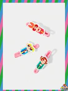 THE POWERPUFF GIRLS X SHEIN 3pcs/Set Cute Blossom, Bubbles, Buttercup Pattern Pink Hair Clips - Pink - View 2