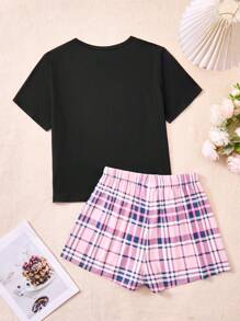 SHEIN 2pcs/Set Dozemod Kids & Teen Girls Casual Loose Letter Graphic Round Neck Short Sleeve T-Shirt And Plaid Shorts Pajamas, Flame Retardant - Purple - View 2