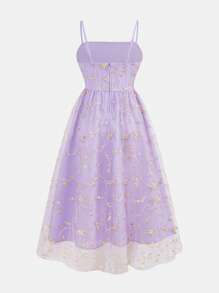 SHEIN Leap Crew Tween Girl Elegant Floral Embroidery Splicing Mesh Cami Midi Dress - Mauve Purple - View 2