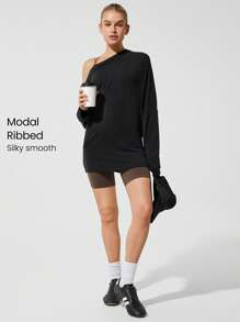GLOWMODE Modal Ribbed Switch It Up Stretchy Breathable Pleated Cuffs Off-Shoulder Long Sleeve Active Tee Daily Casual Wear - Black - View 1