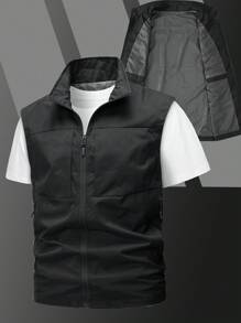 Manfinity Homme 男士休闲多拉链无袖背心夹克，春夏秋季 - 黑色 - 查看 4