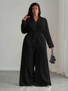Slaydiva 2025 New Casual Vacation White Versatile Birthday Party Date Daily Simple Casual Basic Commute Sexy Street Long Sleeve Shirt Front Mid-Button Tie-Waist, Pocketed, Wide Leg Pleated Jumpsuit - A, Suitable For Spring/Summer Long Sleeve Jumpsuit Black Jumpsuit Button Up Jumpsuit Wide Leg Pants Jumpsuit Wide Leg Jumpsuit - Black - View 9