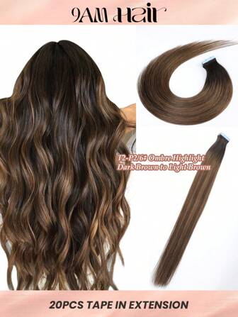 20 pièces Extensions de cheveux à bande 50 g, extensions de cheveux 100% naturels pour salon, soyeux et invisibles, couleur T2-P2/6# châtain foncé foncé avec balayage brun, pour femmes avec des cheveux clairsemés, look naturel de haute qualité