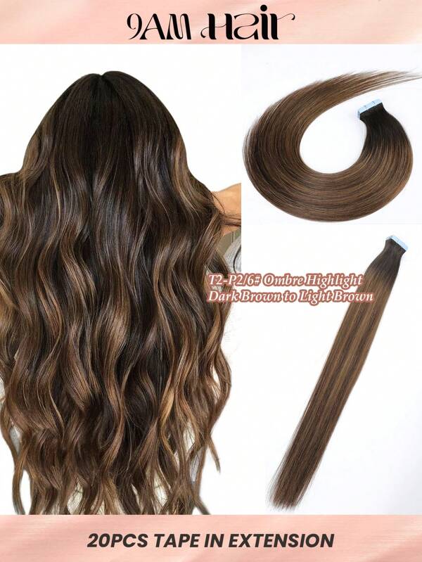 20pcs 50g Tape In Hair Extension, 100% Human Hair Extension For Salon Silky Seamless Invisible, T2-P2/6# Dark Brown Rooted Brown Balayage Highlight Color, For Thinning Hair Woman Natural Look Top Quality