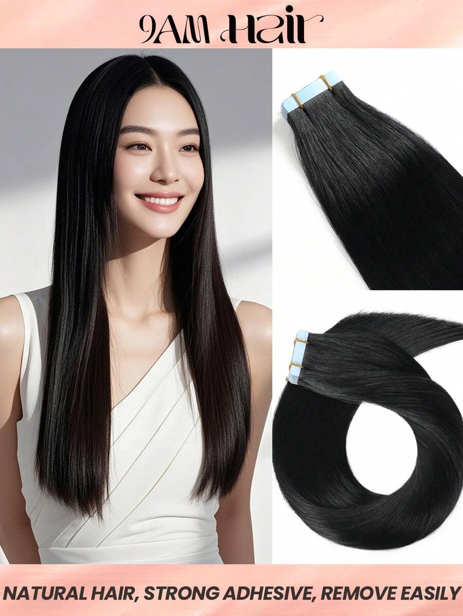 Jet Black Color #1 Human Hair Extensions Tape In Hair Extensions Real Remy Human Hair Invisible Seamless Skin Weft Human Hair Tape In Extensions - S1 - View 1