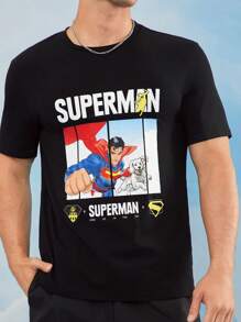 SUPERMAN 2025 男士休闲街头卡通英雄与字母图案黑色短袖 T 恤，夏季图案 T 恤男士图案 T 恤男士黑色图案 T 恤