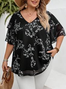 SHEIN CURVE+ 大码女式V领短袖雪纺印花荷叶边袖口宽松衬衫 - 彩色 - 查看 8