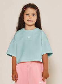Butterfly Boxy T-Shirt Youth Girls Summer Casual Short Sleeve Everyday Crop Top Spring Classic Embroidered Design Wear - Teal Blue - View 1