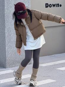 DAZY 青少年女孩长袖短款纯色街头休闲棉服外套冬季 - 咖啡棕 - 查看 3