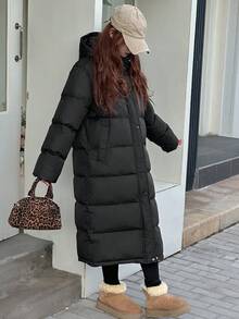 DAZY Hooded Loose Fit Mid-Length Padded Coat For Teen Girl Solid Color, Winter - Black - View 5