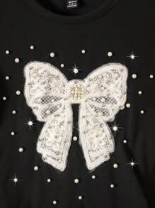 SHEIN EZwear Camiseta casual de manga corta y cuello redondo para mujer, adecuada para el verano, con bordado de lazo y accesorio de perla