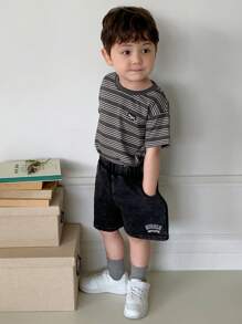 Hapijoa 幼儿男童休闲圆领条纹皮革标签装饰短袖T恤 - 灰色 - 查看 7