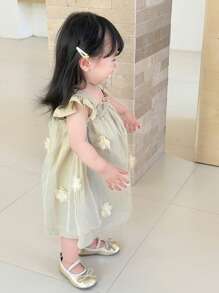 DAZY Đầm dự tiệc sinh nhật dài ngang gối cổ vuông, viền bèo nhún, chất liệu lưới, thích hợp cho bé gái. - Màu xanh Bạc hà - Xem 4