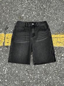 SHEIN Pantalones cortos vaqueros negros anchos de estilo suelto para adolescentes, estilo casual "Old Money", para uso diario, otoño, invierno y vuelta al colegio