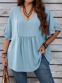 EMERY ROSE Áo kiểu nữ cỡ lớn dáng rộng, thoải mái, tay bồng, thích hợp cho kỳ nghỉ hè, quà tặng cho mẹ, phong cách Bohemian, nghỉ xuân, tiệc tùng, đồng quê. - Màu xanh nhạt - Xem 1