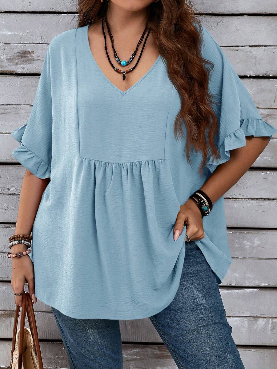 EMERY ROSE Áo kiểu nữ cỡ lớn dáng rộng, thoải mái, tay bồng, thích hợp cho kỳ nghỉ hè, quà tặng cho mẹ, phong cách Bohemian, nghỉ xuân, tiệc tùng, đồng quê. - Màu xanh nhạt - Xem 1