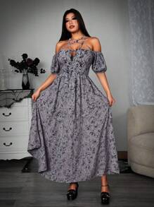 Whyspr 女式休闲朋克深色印花领口抽绳五角星 PU 配饰腰部收紧连衣裙